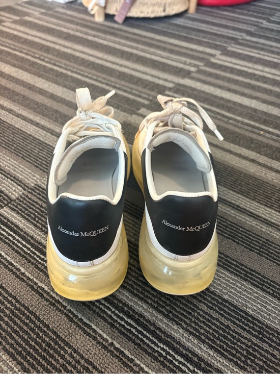 Alexander McQueen Shoes - Alexander McQueen White Leather Sneakers with Black Heel and Yellow Sole